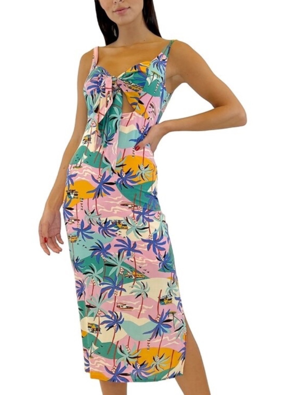 NWOT Sam Edelman Tropical Island Print Cutout Midi Sundress 8 Beach Resort Boho
